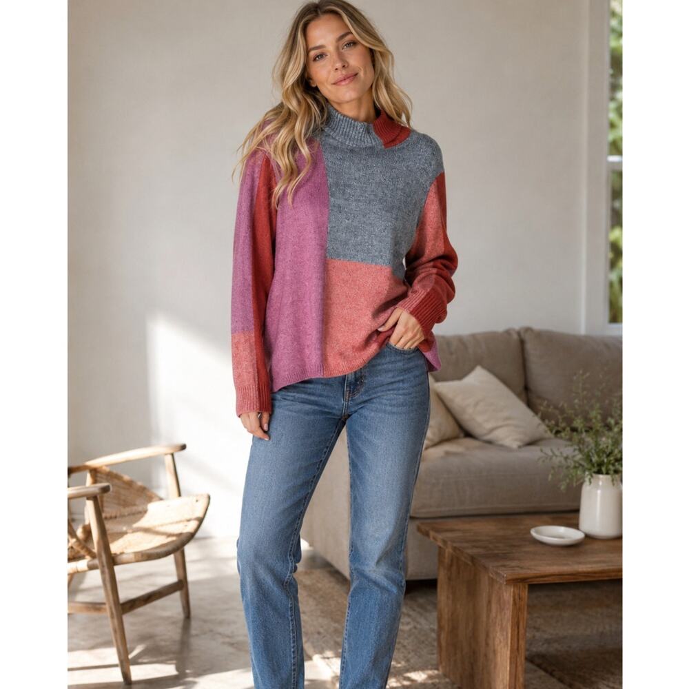 Sundance Color Block Turtleneck Sweater Womens M Casual Cozycore Fall Grey Pink